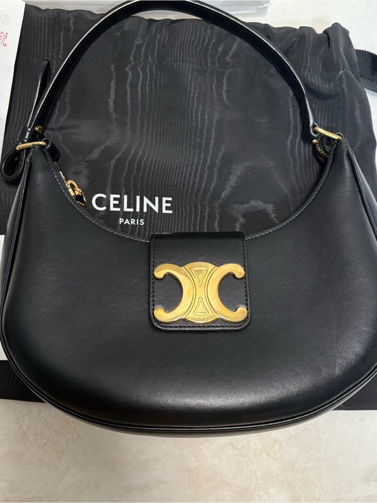 Celine Handbags - Celine Black Leather Shoulder Bag with Gold Triomphe Emblem